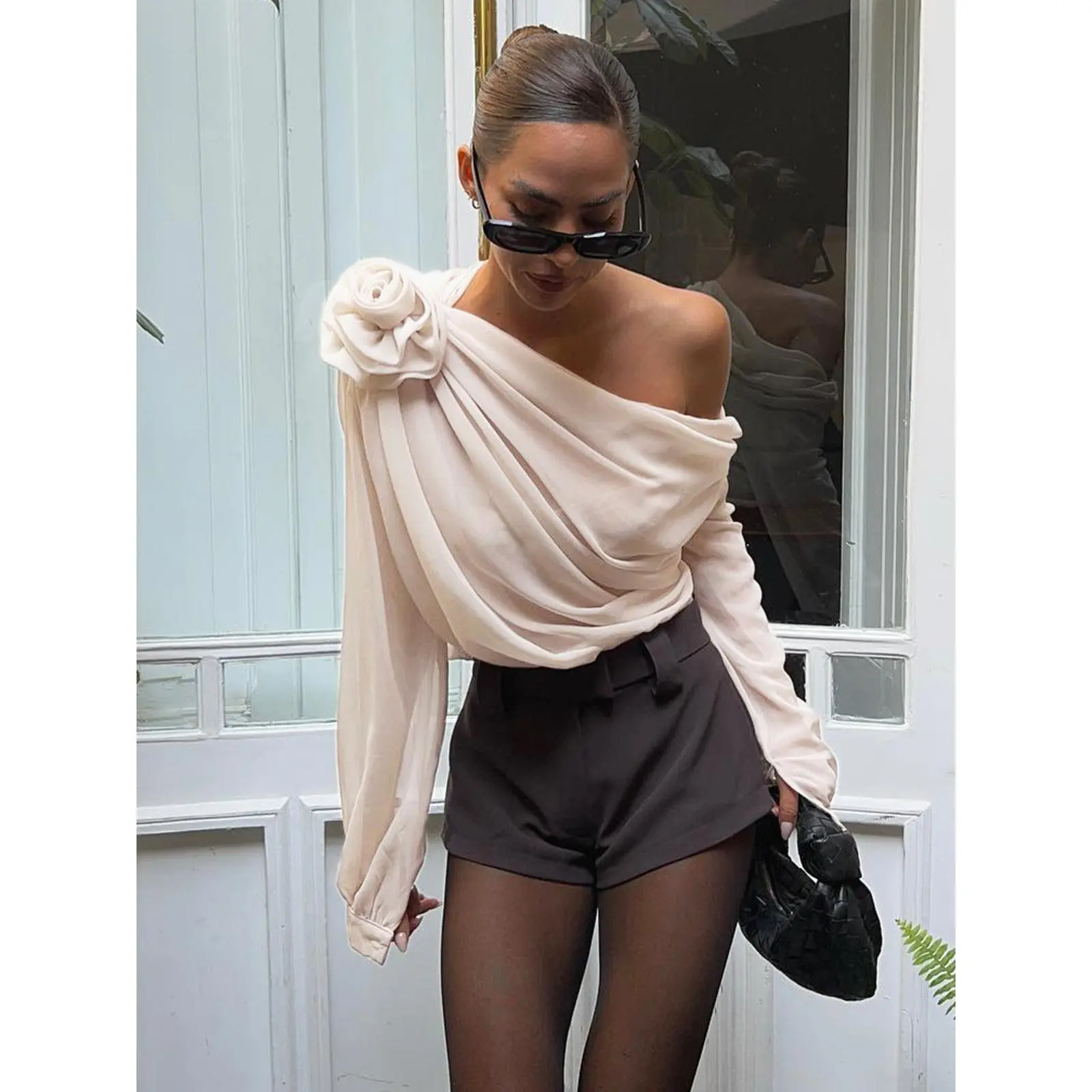 Chiffon Semi-Sheer One Shoulder Asymmetrical Blouse