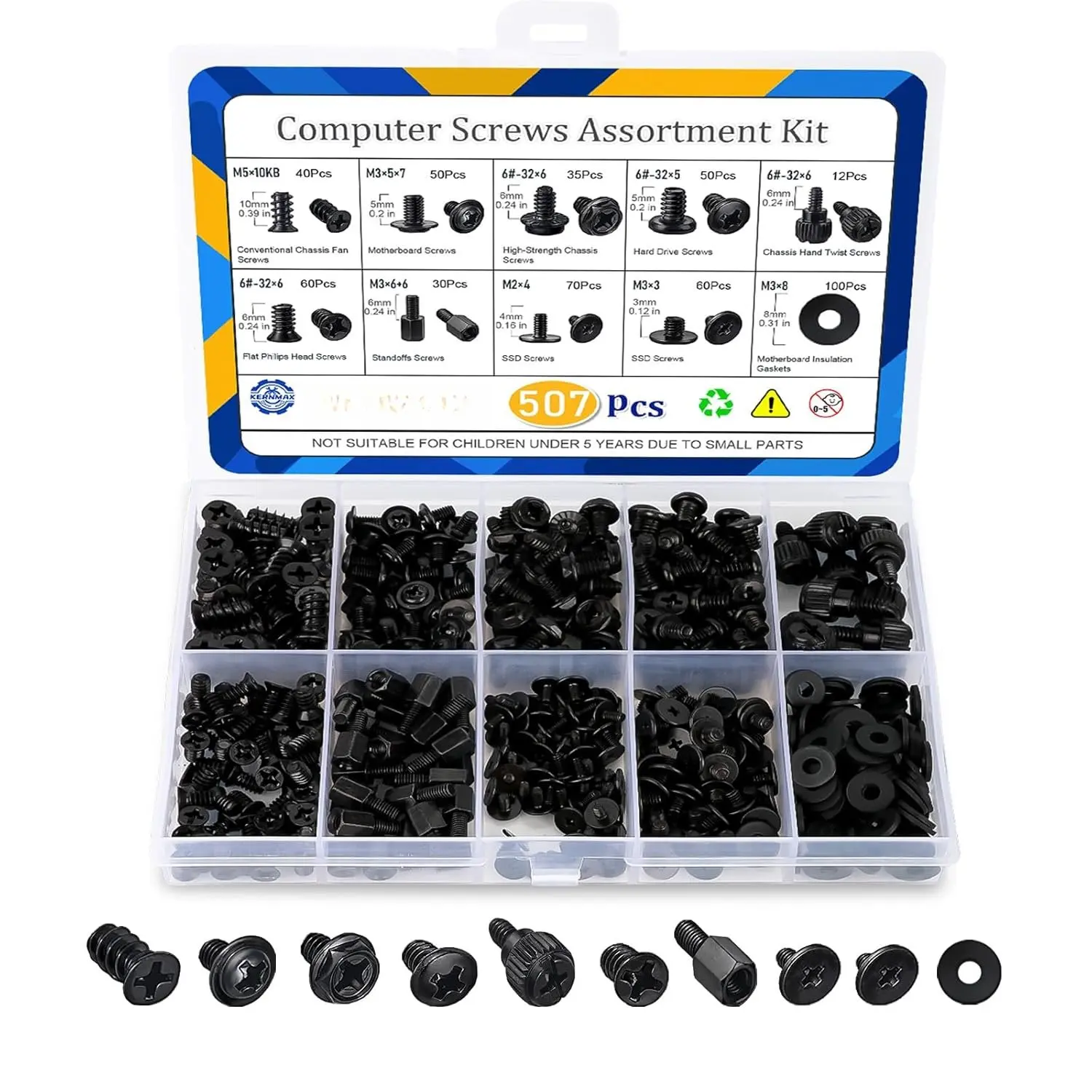 507 count Professional  Screws  Kit, Includes Motherboard Screws, Standoffs, PC Case, SSD, Hard Drive, Fan, CD-ROM Screws, Long-Lasting for DIY PC Build and Repair