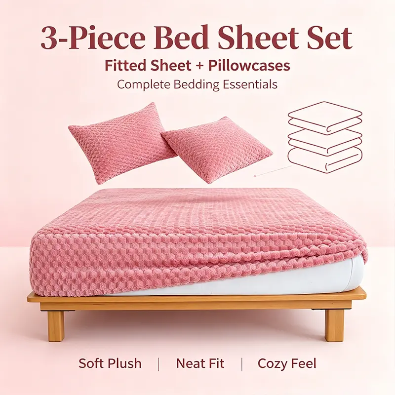 Cozy Embossed Grid Plush Mattress Cover Set With Two Pillowcases, Soft Warm Winter Bedding, Surround Elastic Non-Slide Fitted Sheet, Wrinkle Resistant Bed Linens For Modern Home Interior, Neat Fit