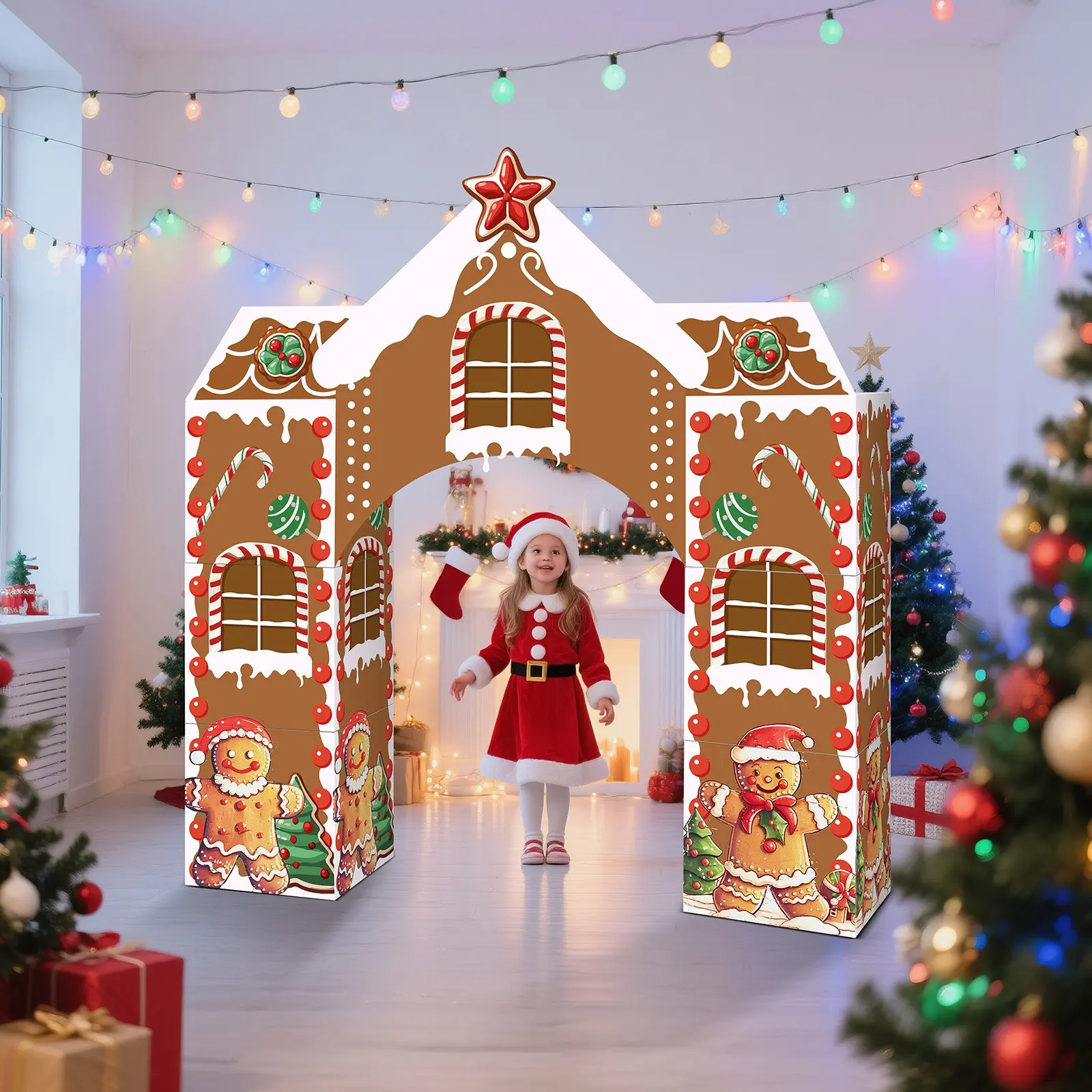 7pcs Gingerbread House Christmas Decoration Set | Includes Gingerbread House, Christmas Cardboard Castle, and Candy Arch, Measuring 43 x 51 Inches, Suitable for Decorating Holiday Parties Such as Christmas, Winter Birthdays, etc, Made of Paper