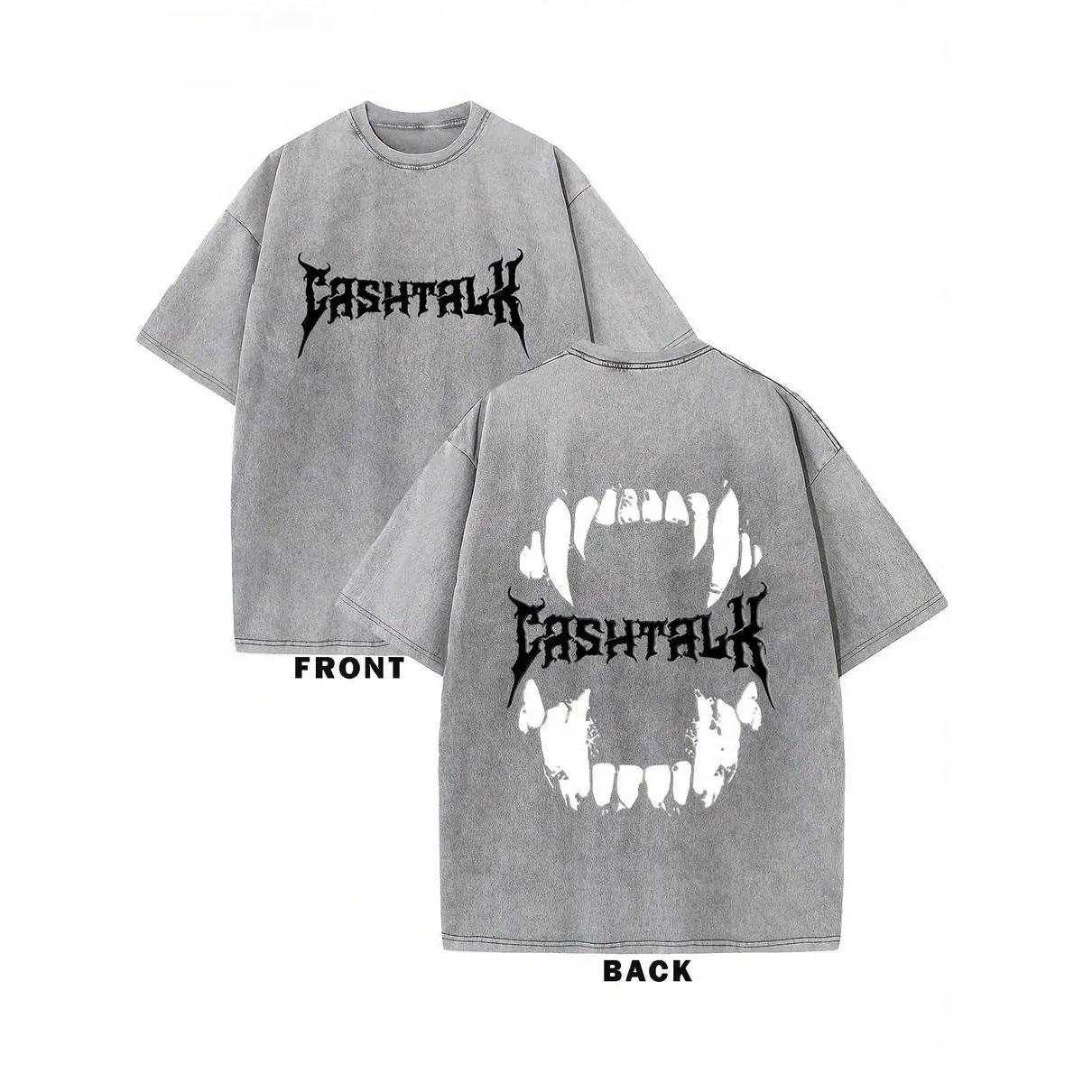 Mens Retro Washed Cotton Round Neck Tshirt - Streetwear, Dark Punk Top with Cash Talk & Monster Fangs Dual Print - Casual Menswear for Underground Music Festival, Outdoor Vacation, Fashion, Outdoors, Short, T-Shirt