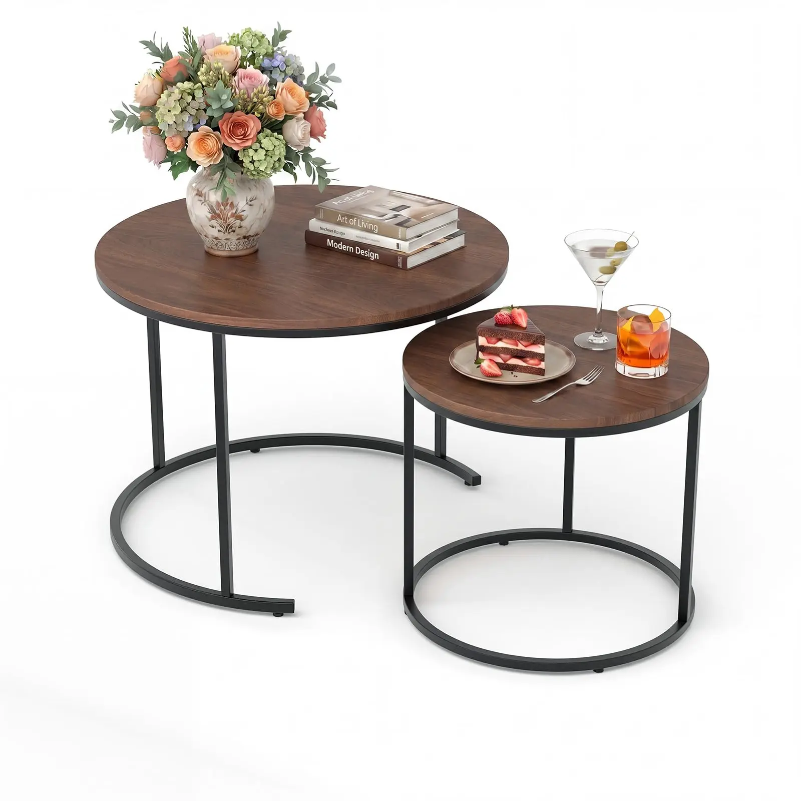 Garvee Modern Nesting Coffee Table Set of 2 – Small Round Space-Saving Office Desk Furniture – Adjustable Rubber Feet, Waterproof Surface – Ideal for Living Room, Office, Balcony