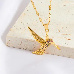 Golden Hummingbird Bird Set Colorful Zircon Pendant for Women's Party Sexy Low Allergy Jewelry Gift Necklace