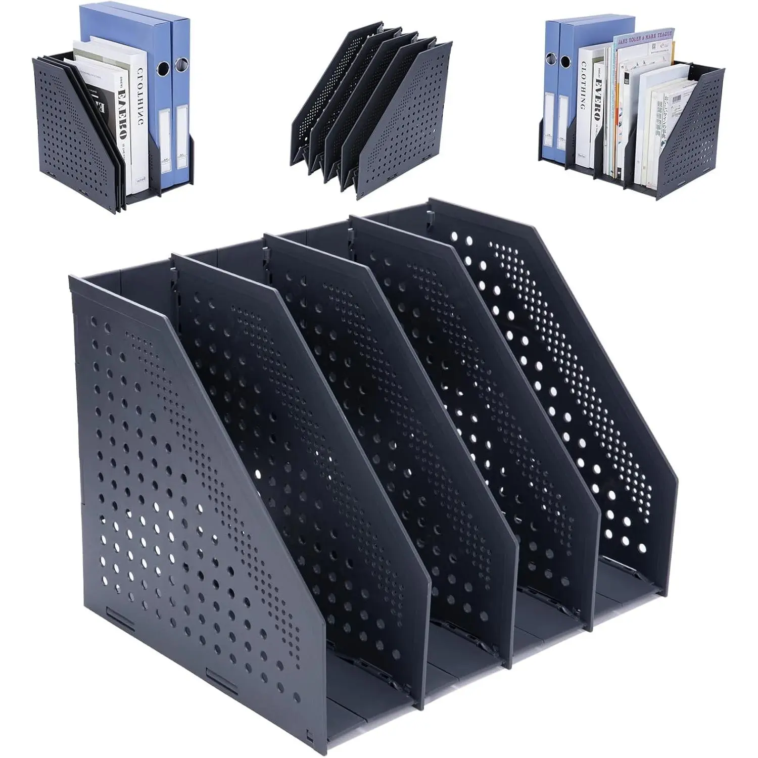 Collapsible Magazine File Holder, 4 Vertical Compartments | Foldable Space-Saving, Sturdy Plastic Binder Holder, Compact for Desk or Shelf, for Office & Home, Easy Access, Dark Gray