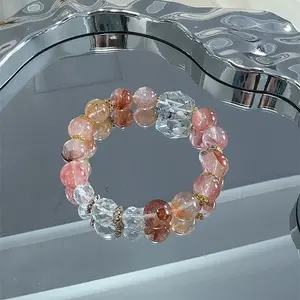 「Rustic Amber Vein」Original Design Mixed Red Hematoid, Super Seven & Faceted Clear Quartz Single Strand Bracelet, Vintage Style Fashion Jewelry for Women
