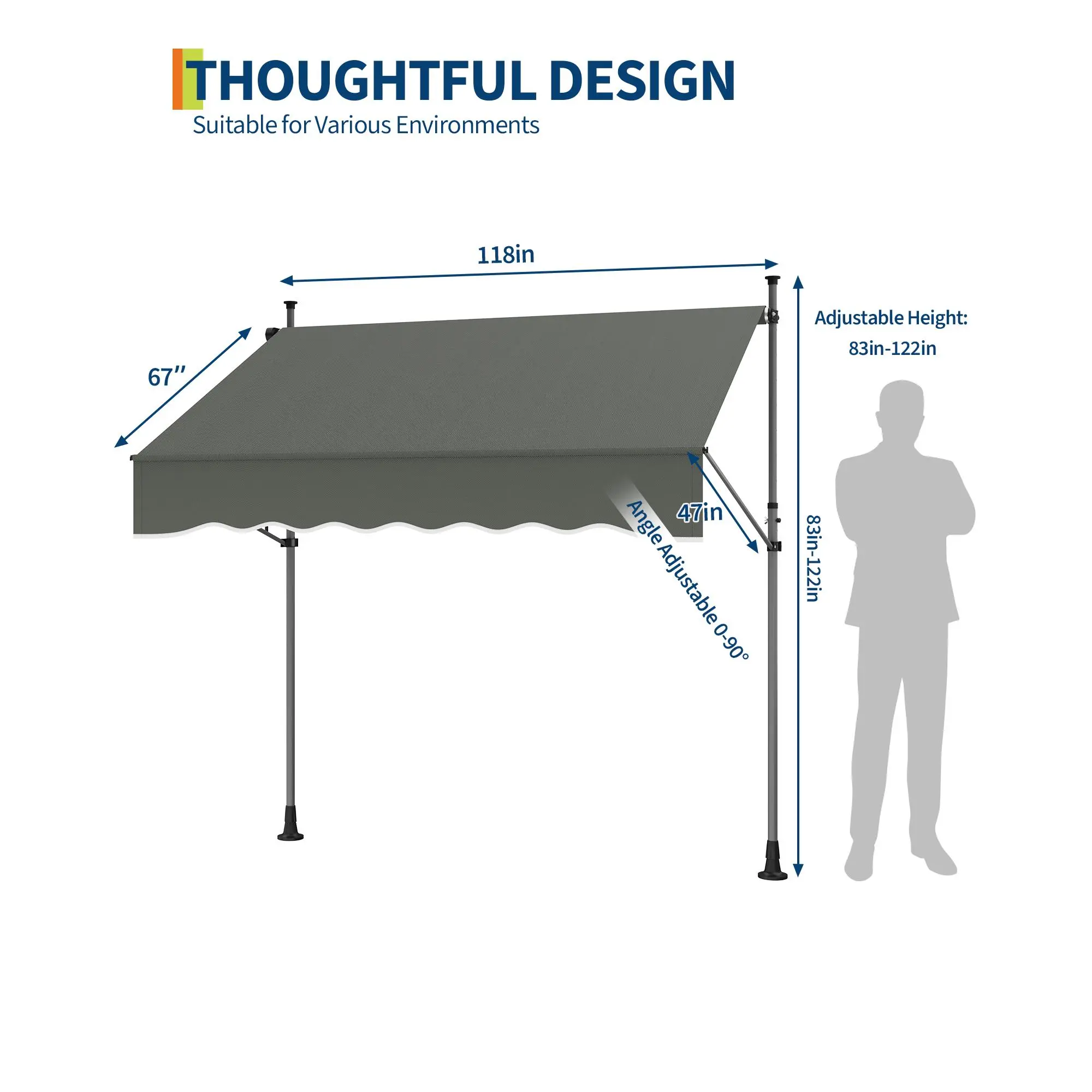 118 Inch Manual Retractable Patio Awning, Outdoor Exterior Sun Shade Shelter, Adjustable Height & Angle, UV Protection Retractable Awning, Suitable for Windows and Doors