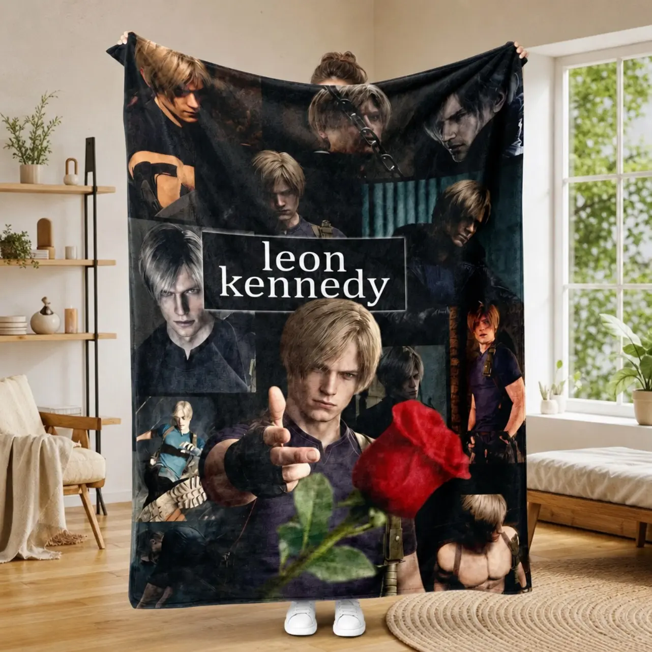 Leon Kennedy Resident Evil 4 Classic Collage Fannel Blanket RE4 Remake Leon Close Ups Bold Rose Accent Throw Blanket For Fans Man Cave Gaming Room Decor Horror Character Graphic Blanket Gamer Gift Collector Gift Halloween Holiday Gift