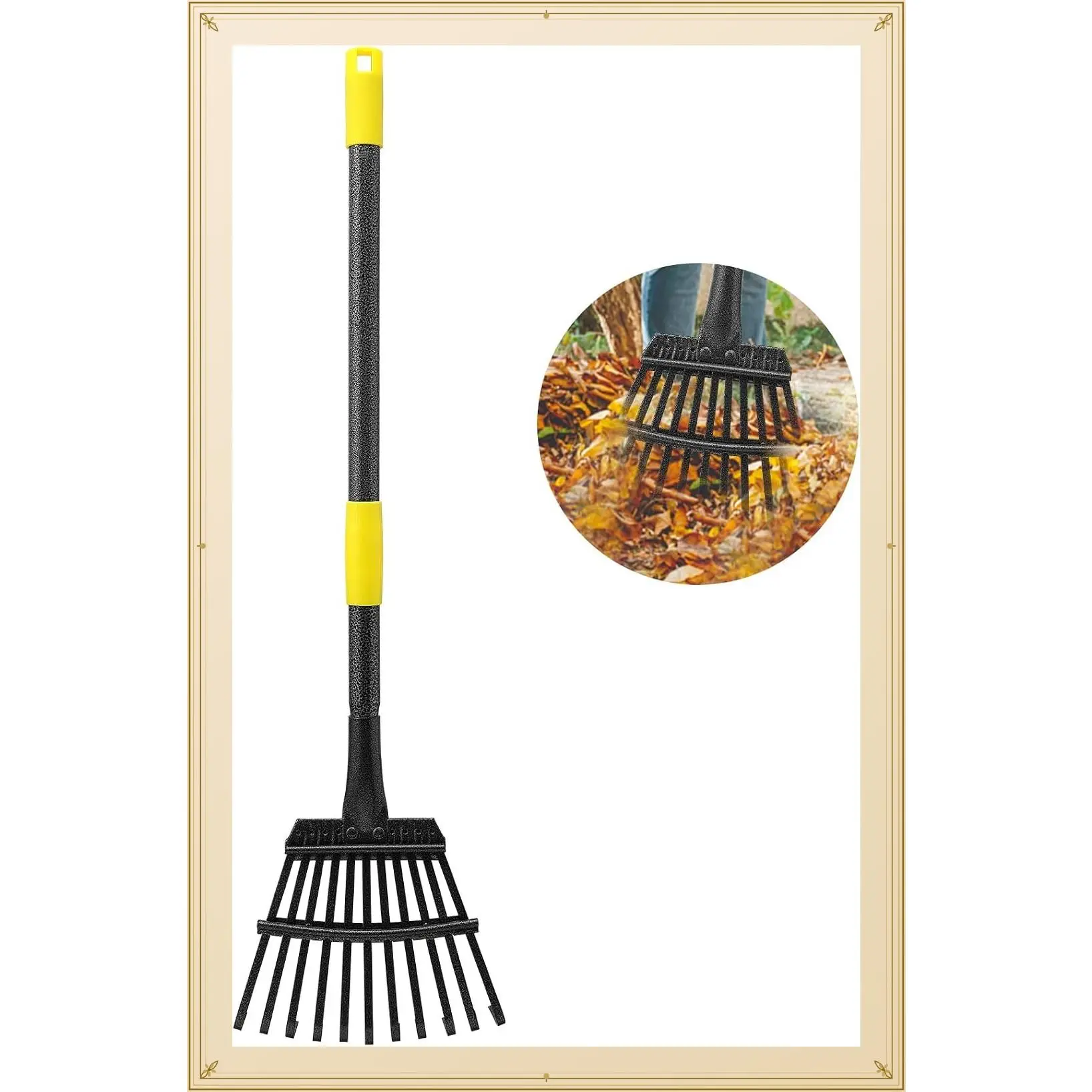 Adjustable Metal Garden Leaf Rake with Long Handle 30-60 Inch, 11 Tines 9 Inch Wide, Collapsible Yard Rake for Leaves, Lawn, Flower Beds, Mulch, Shrub, Camping - Adults & KidsGift