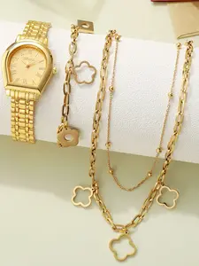 Jusmi 3-Piece Set Vintage Snake Quartz Watch + Clover Theme Jewelry Set, Elegant Daily Wear Accessories for Women