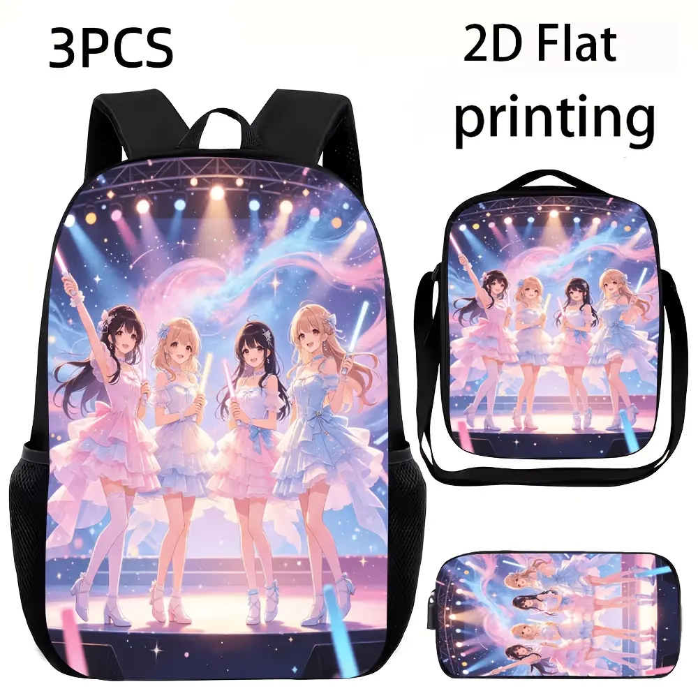 3-Piece Unisex Large-Capacity Backpack Set – Featuring a "Dream Stage Idol Girl" 2D-style print. Includes a backpack, lunch bag, and pencil case. Features adjustable shoulder straps and zipper closures. An essential set for back-to-school, daily classes,