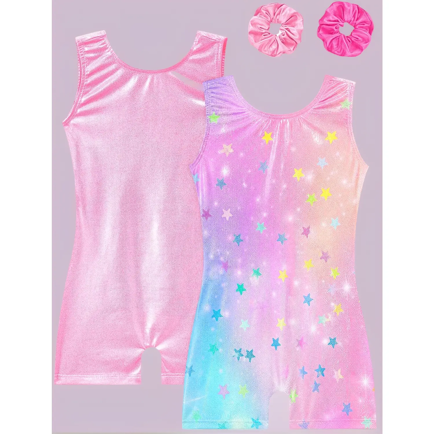 Kids' Female Sleeveless Gymnastics Leotard - 4-Way Stretch, Quick Dry Racerback, for Ages 1-10, Colored Halo Pentagram Pink, Foundation Starlight Pink, Glittering Blue Graffiti