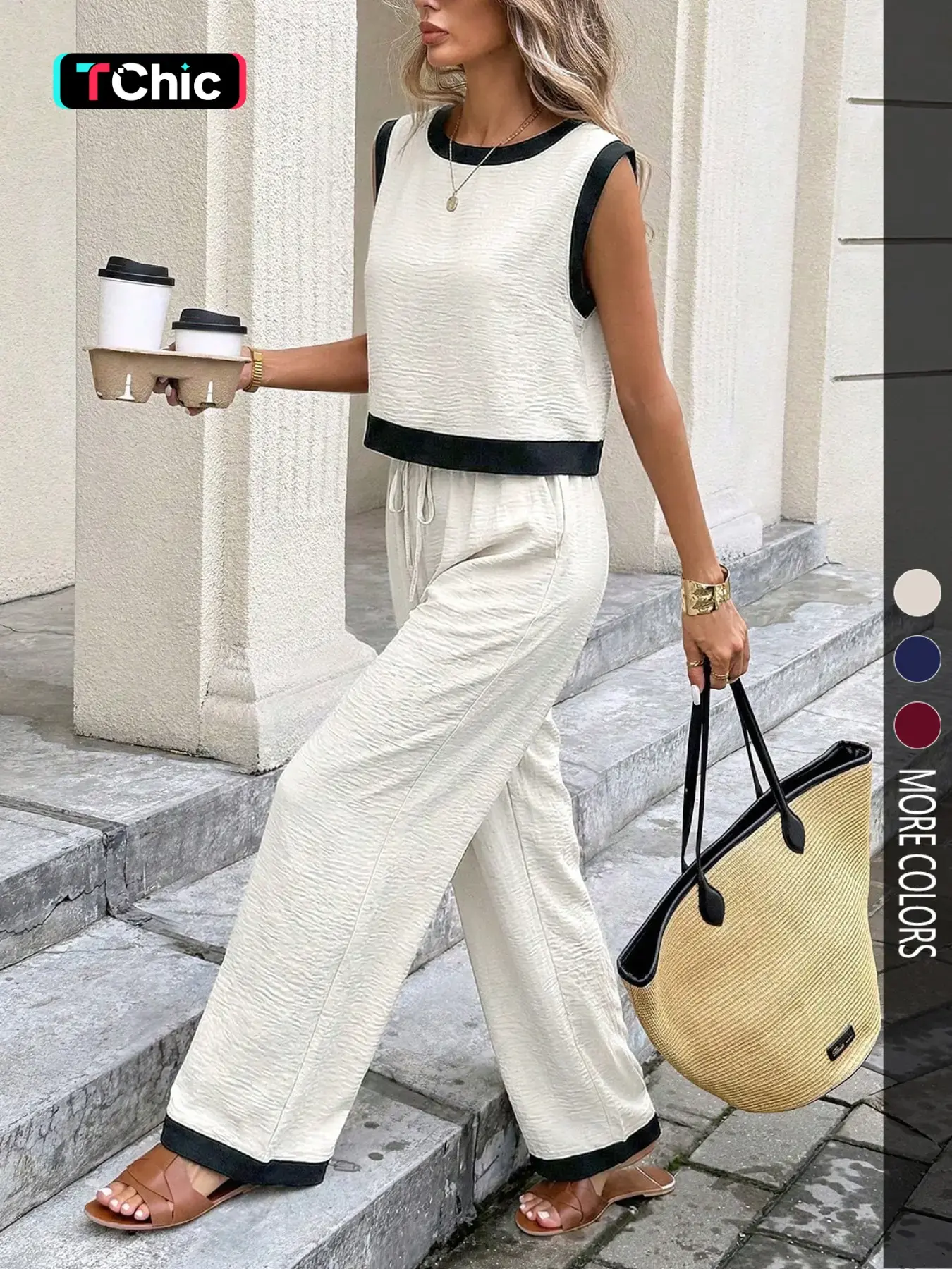 Women's Simple Colorblock Sleeveless Round Neck Top and High Waist Wide Leg Pants Set, Slimming Casual Comfortable for Daily Commute, Clothes