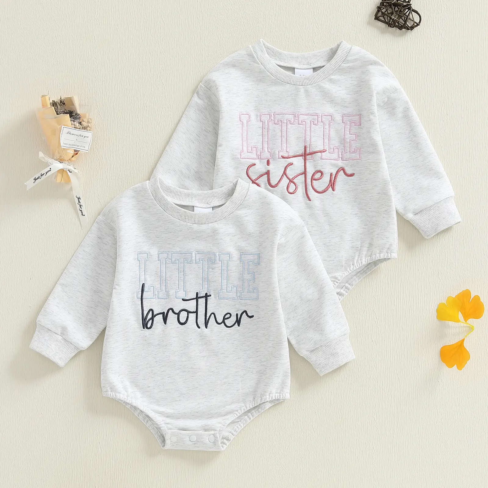 Meihuida Infant Baby Fall Romper Letter Embroidery Long Sleeve Jumpsuit Brother and Sister Matching Outfits Fall Winter 0-18 Months