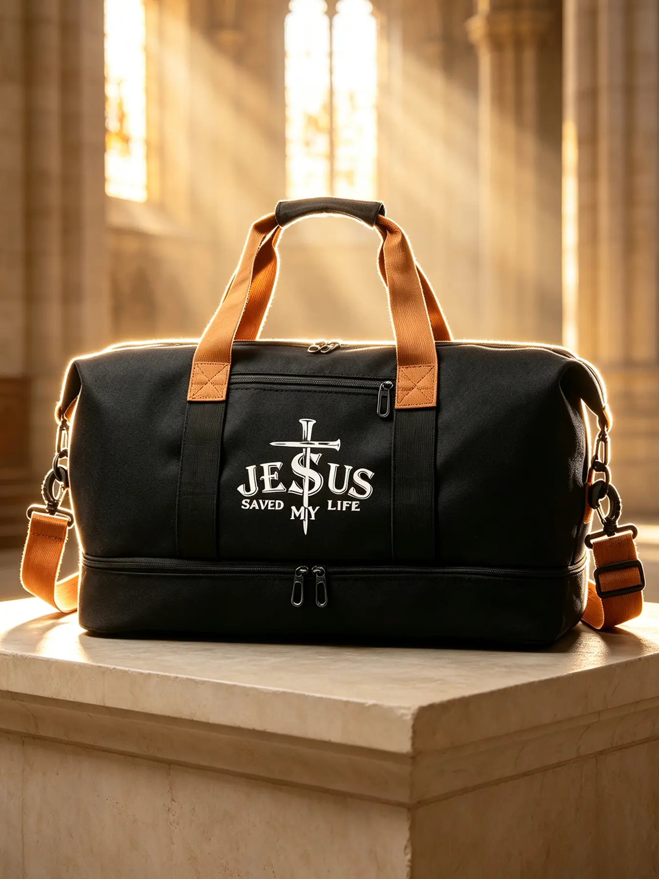 Cylindrical gym bag with JESUS cross faith motif, handheld and crossbody wearable. Perfect for daily outings, gym training, short business trips and outdoor travel storage.