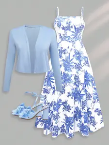Elegant French Style Printed Dress Set, Summer Vacation, Romantic Long Dress for Dates, Beach Photoshoot, Light Mature Fashion Casual Wear Elegance Ff2621