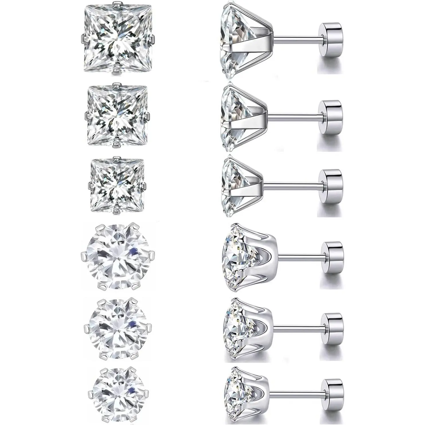 Hypoallergenic Princess Cut Men's Earrings & Round CZ Studs Pack for Women, Titanium & Steel with Flat Screw Backs