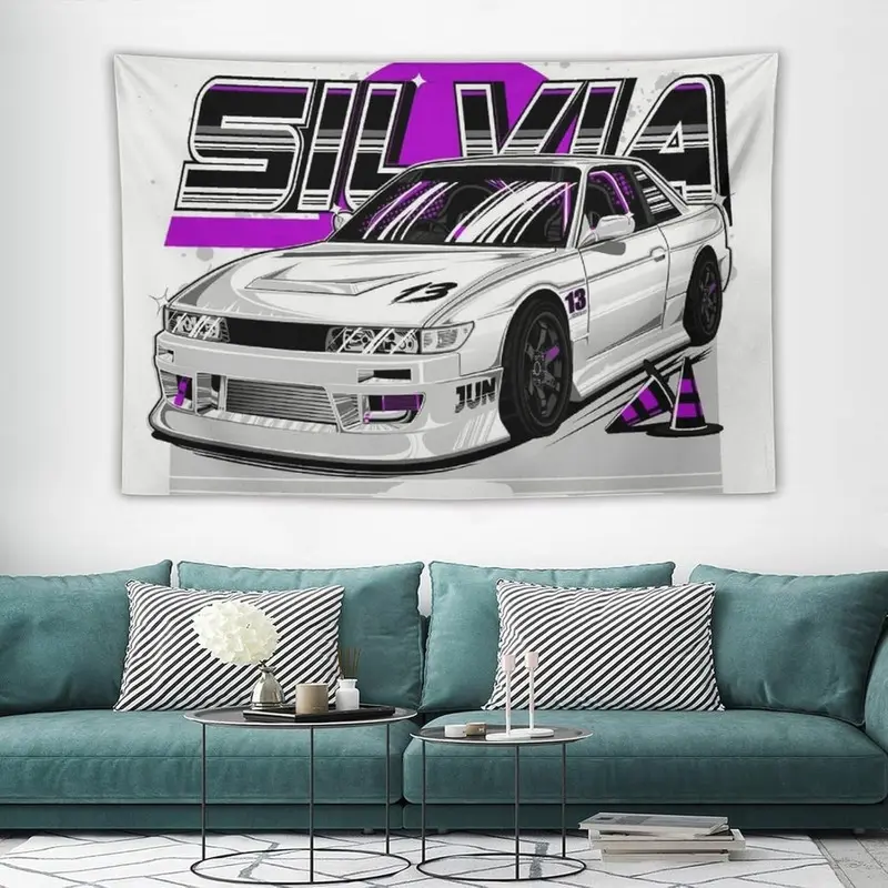 1pc Japanese JDM Car Art Tapestry - White S13 Silvia with Black Wheels, Dynamic Racing Design, Durable Decorative Tapestry, Wall Decor for Bedroom, Living Room - Gift for Automotive Fans & Drift Enthusiasts, Indoor Use, Horizontal Hanging, Home Decor