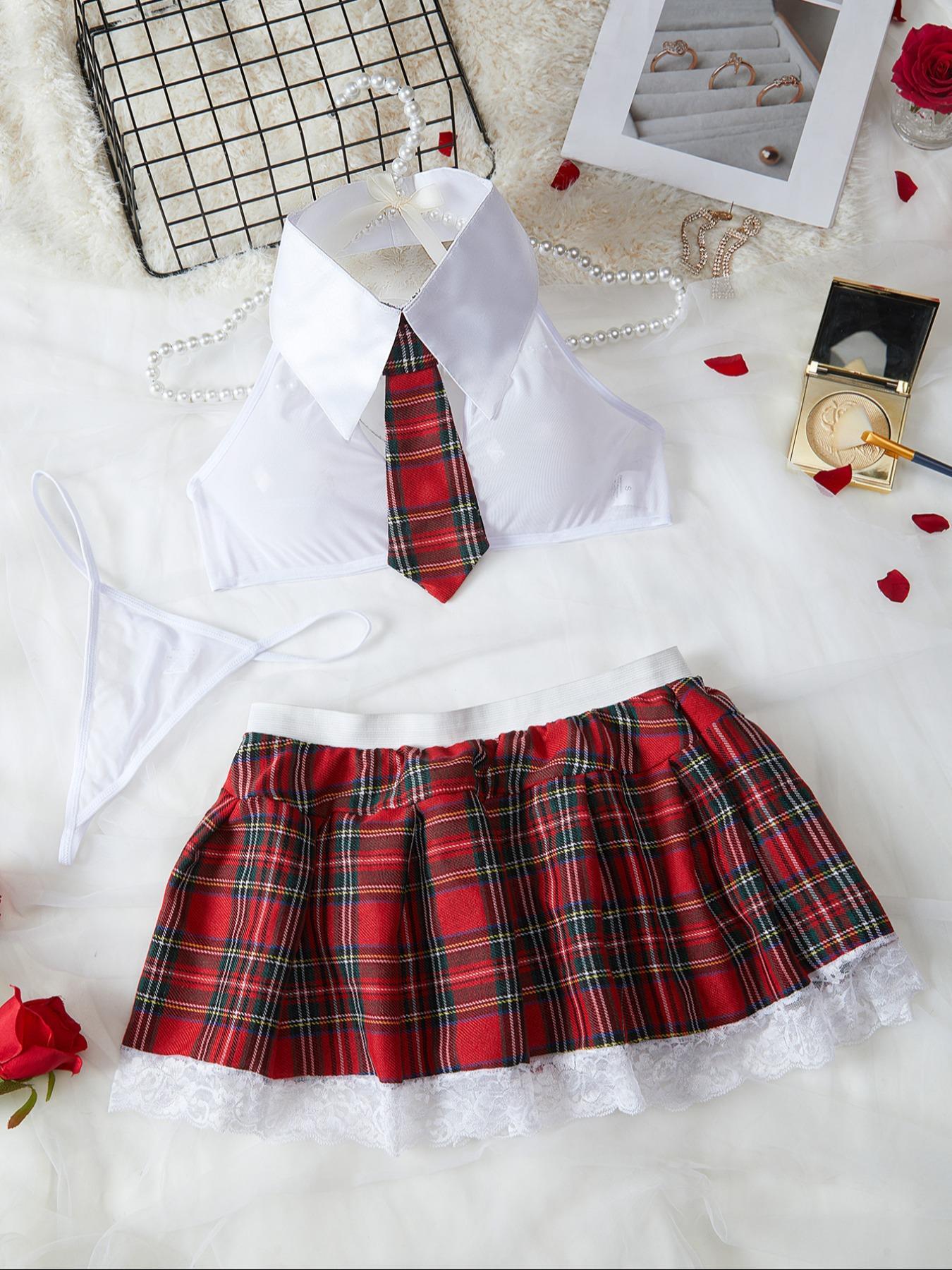 Women's Sexy Cute Homecoming Student Uniform Cosplay Three-Piece Set, Underwear, Plaid Pattern, Sheer High Elastic Material, All Seasons