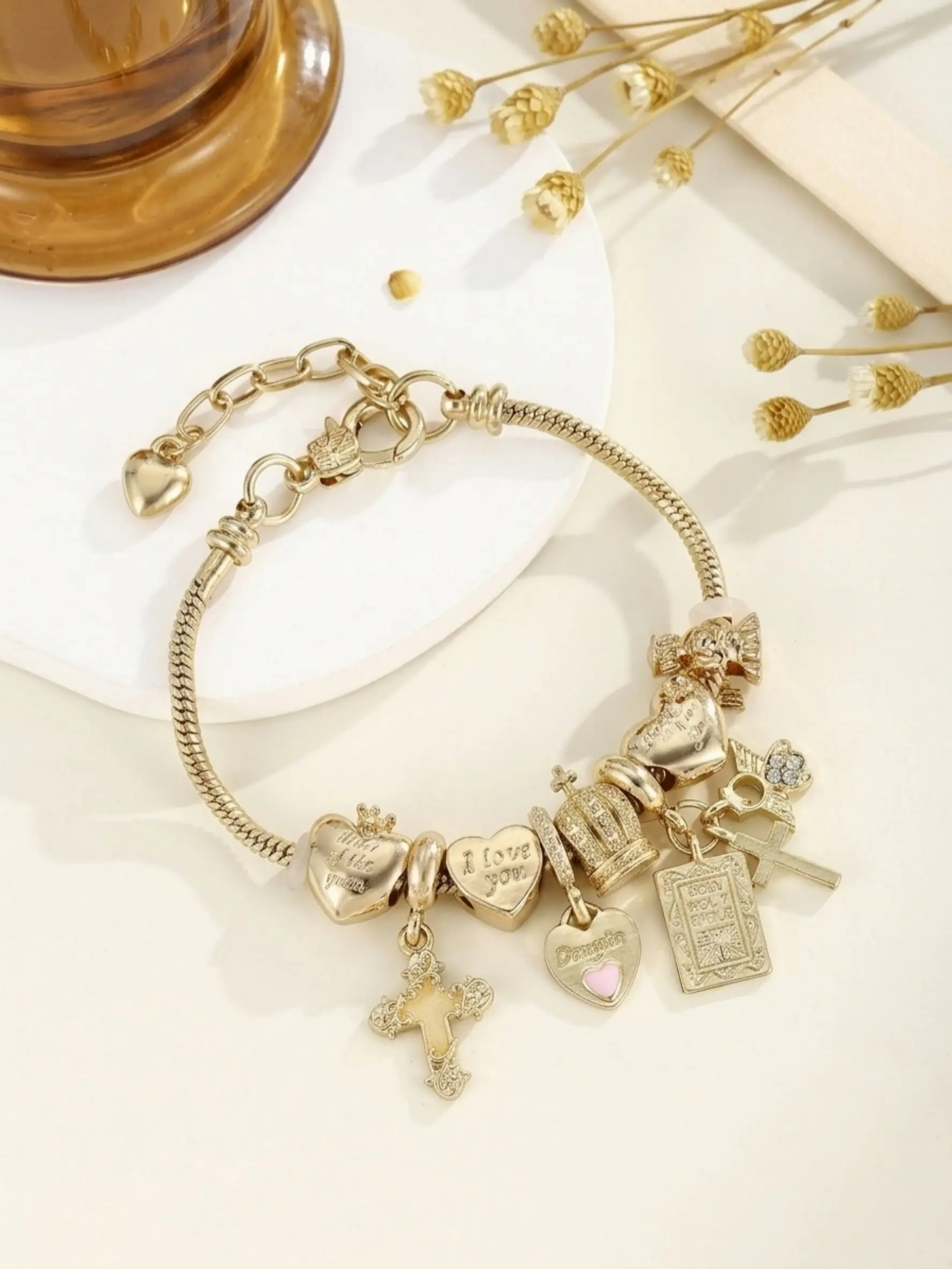 Women's Charm Bracelet, Cross Charm Bangle Bible Heart Crown Angel Pendant Snake Bone Chain Jewelry, Personalized Daily Party Accessory, Bracelets Bangles