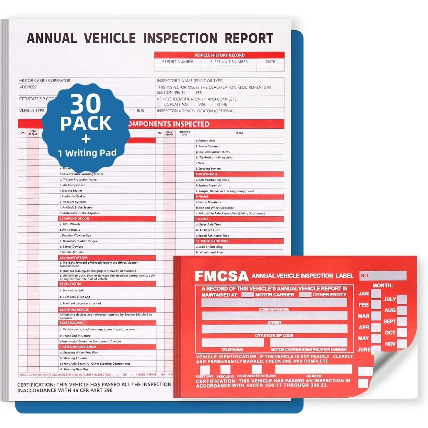 Vehicle Check Form Kit - 30-Pack 3-Ply Carbonless Forms with Hardboard, Includes 30-Pack Red FMCSA Permanent Adhesive Stickers, DOT-Compliant Dot Labels