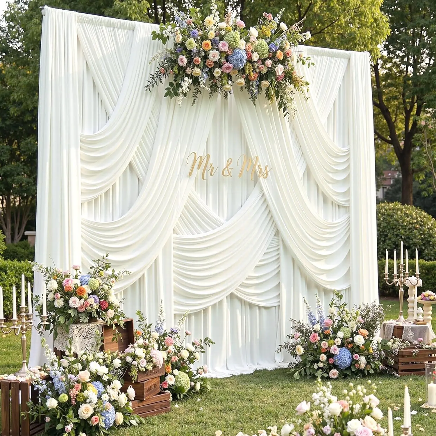 Wrinkle-Free Polyester Ivory Backdrop Curtains - 6 Panels (30ftx15ft, 15ft Long Smooth Drape), Photo Backdrop Cloth for Wedding Party & Birthday Photography Background, Birthday Event