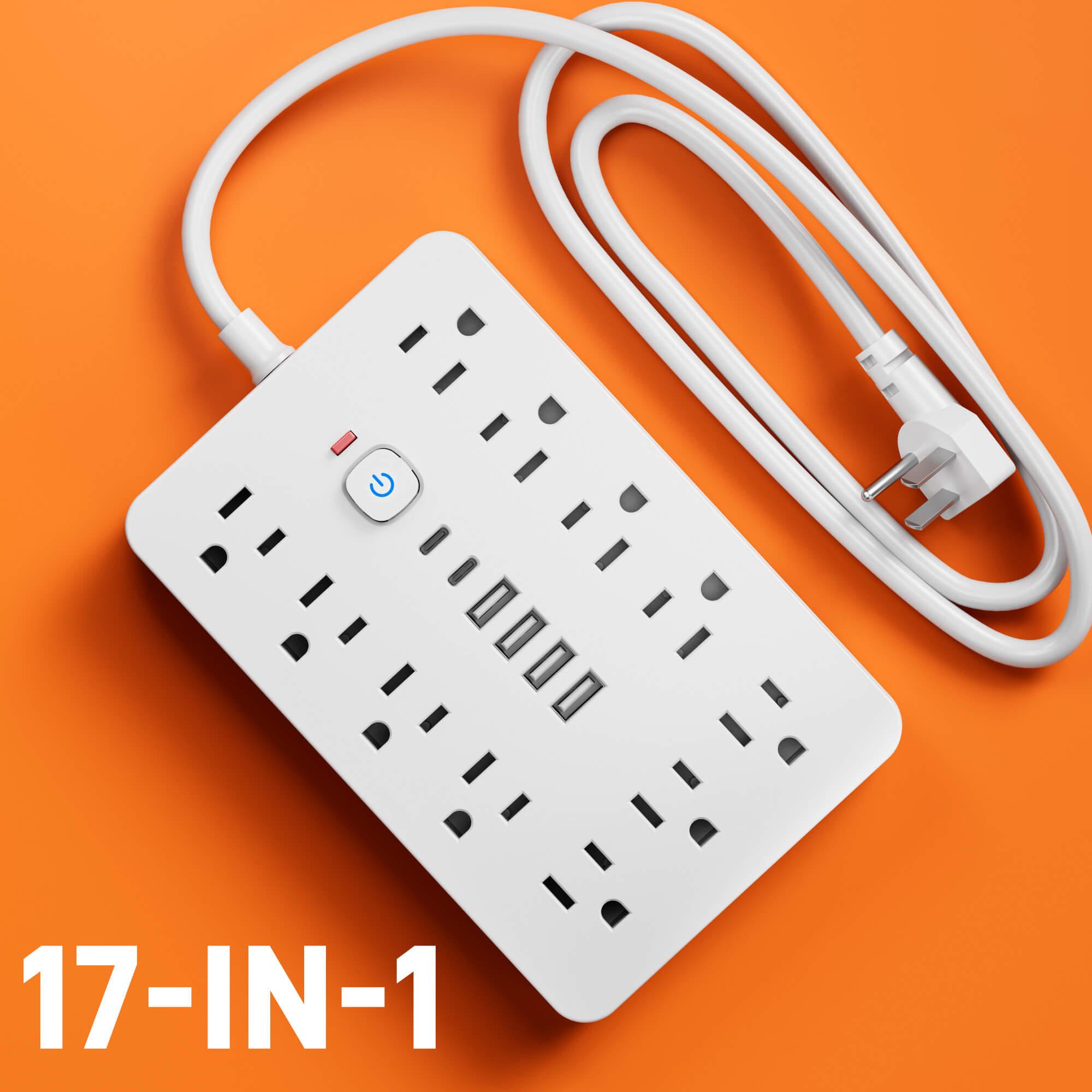 17-in-1 Surge Protected Power Strip Built In Cable, 1 Count Wall Mountable Desktop Charging Station with 4 USB & 2 Type-C Ports, Suitable for Home, Office & Travel