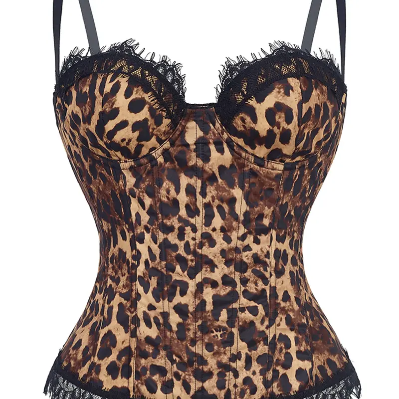 Boned Leopard  Corset Style Top, Feminine Eyelash Lace Push Up Bustier Spaghetti Strap, Hourglass Waist Cincher Shapewear Underwear for Y2K Festival Club Date Night