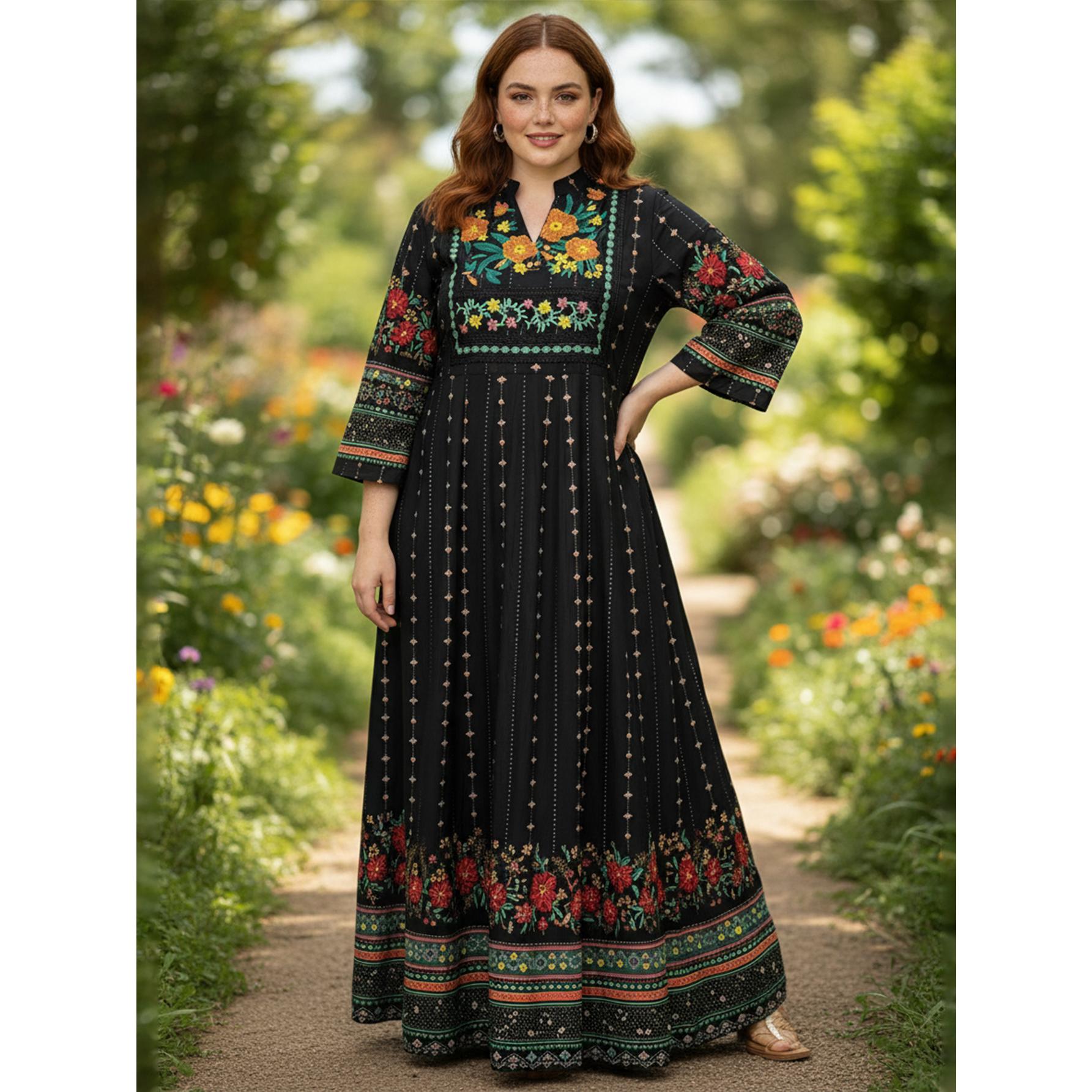 Vintage Boho Floral Embroidered Maxi Dress Elegant Ethnic Chic Gown | Standard & Plus Size S-4XL | Perfect for Evening Dinner, Festivals & Special Occasions