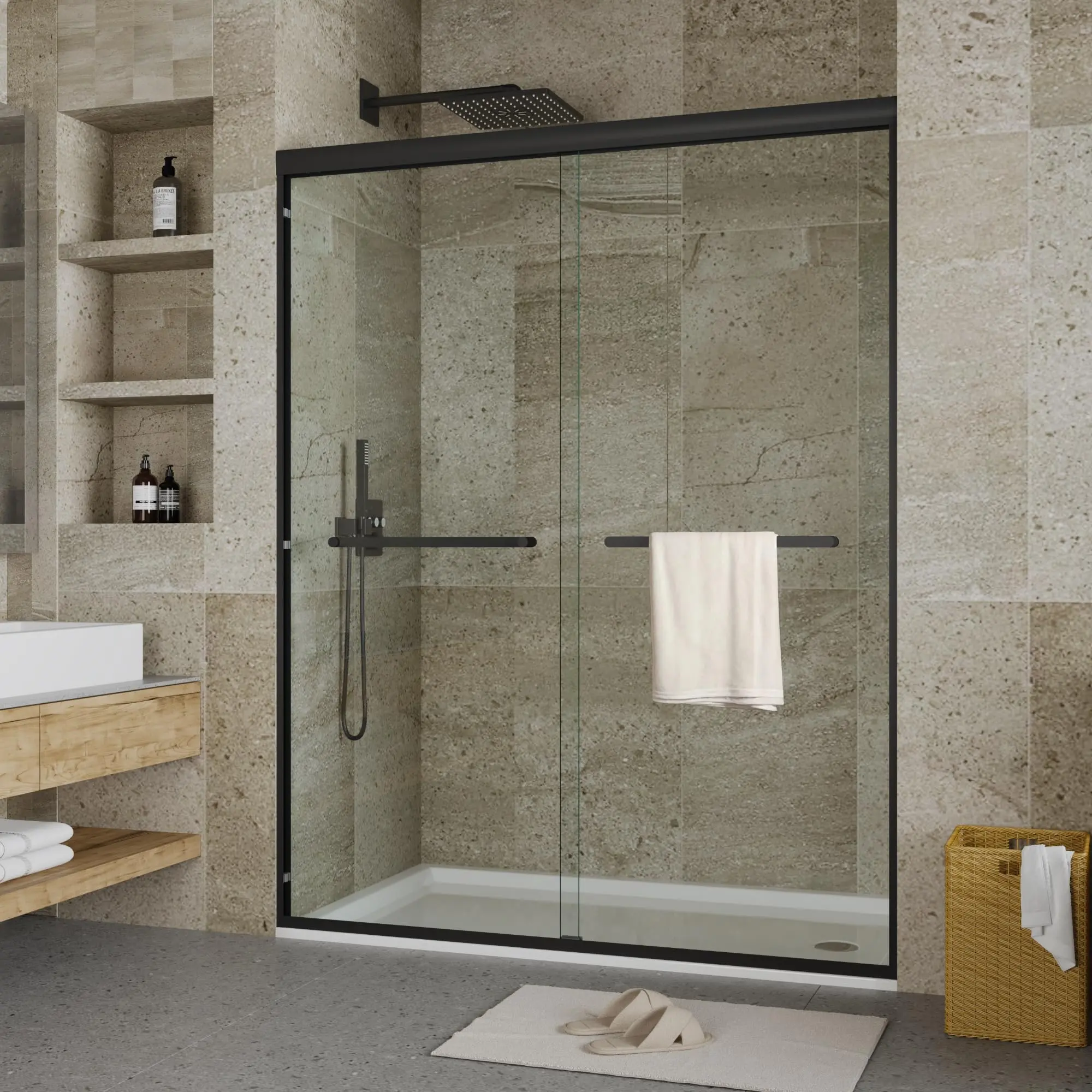 Garvee Semi-Frameless Double Sliding Shower Door for Walk-In Shower, 48"W x 72"H - 6mm Easy-Clean Tempered Glass - Rust-Resistant Aluminum Frame - Smooth Sliding System, Matte Black