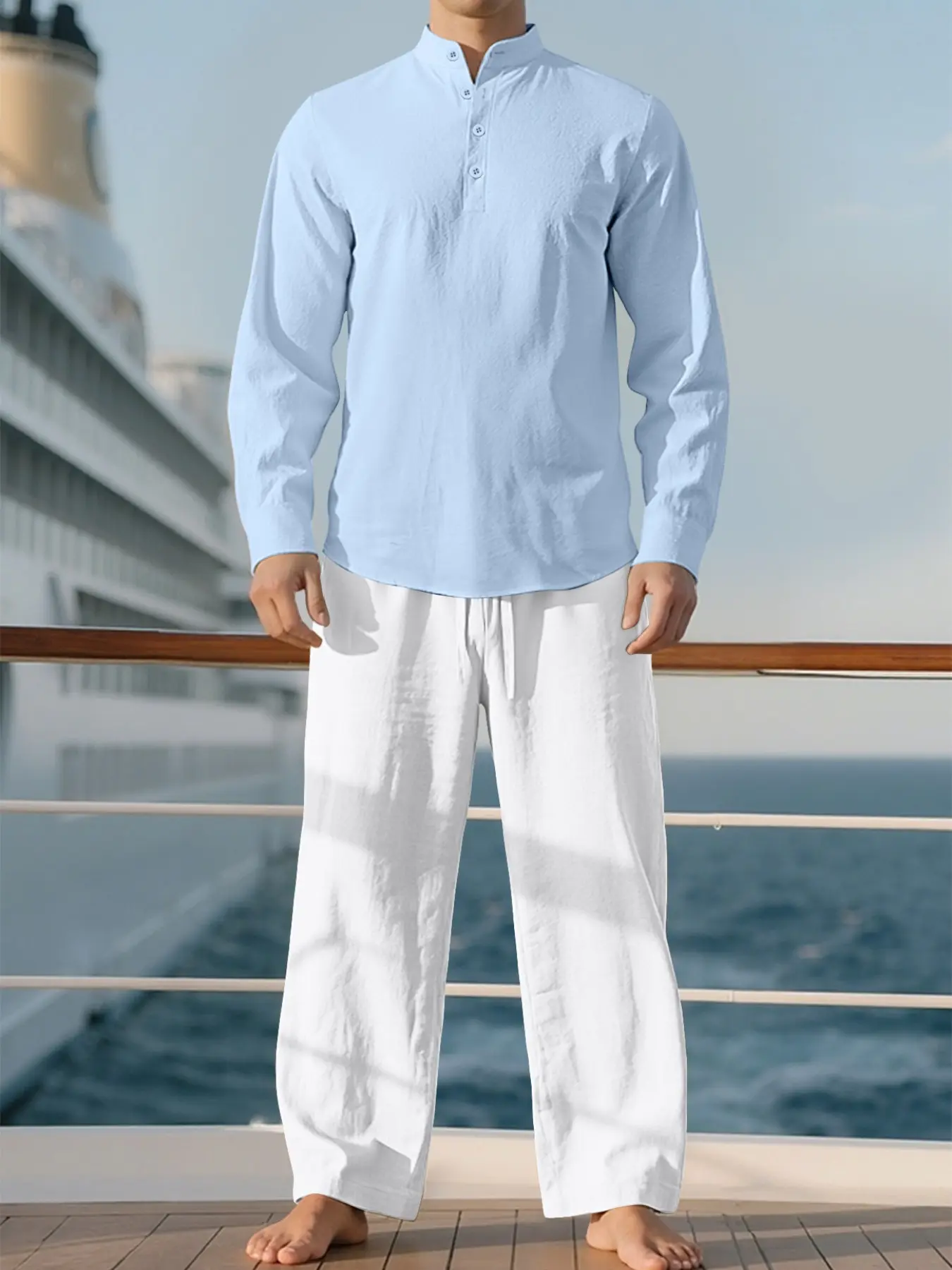 Men's loose casual solid-colored linen two-piece set, loose-fit Henry collar shirt, drawstring waist wide-leg Trouser pants