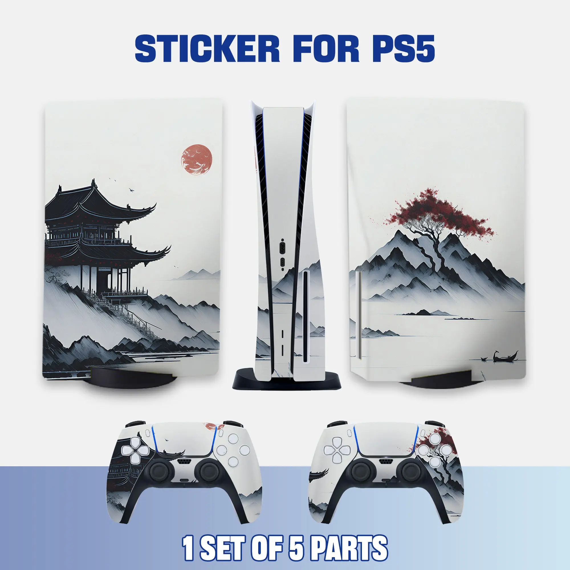 Traditional Chinese Ink Landscape Style PS5 Disc Edition Vinyl Skin Sticker for Console & Controllers, Waterproof, Scratch-Resistant, Dustproof, Removable & No Residue