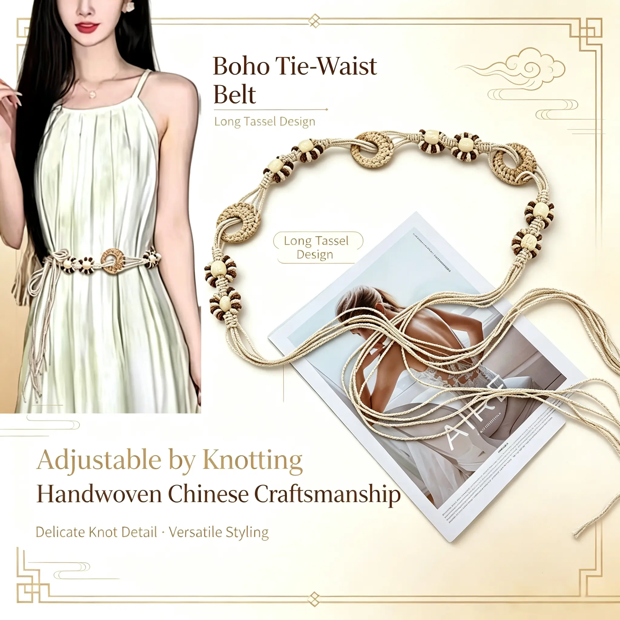 Women's Adjustable Traditional Chinese Hand-Braided Beads & Tassels Waist Rope Belt - Rope & Wood Boho Ethnic Fringe Decorative Waist Chain, Summer Dress Accessory, Multiple Styles Available