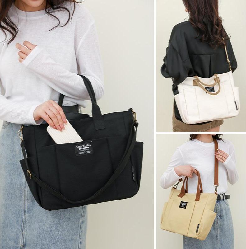 2026 Trendy Preppy College Canvas Tote - Solid Color Multi-Pocket | Secure Zipper Large Capacity | Convertible Shoulder/Crossbody | Fall Outfits & Thoughtful Gift Must-Have