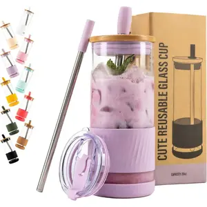 Glass Cups with Lids and Straws -20 Fl Oz- Size Iced Coffee Cup - Smoothie Cup with Bamboo Lid and On The Go Lid - Glass Tumbler with Straw