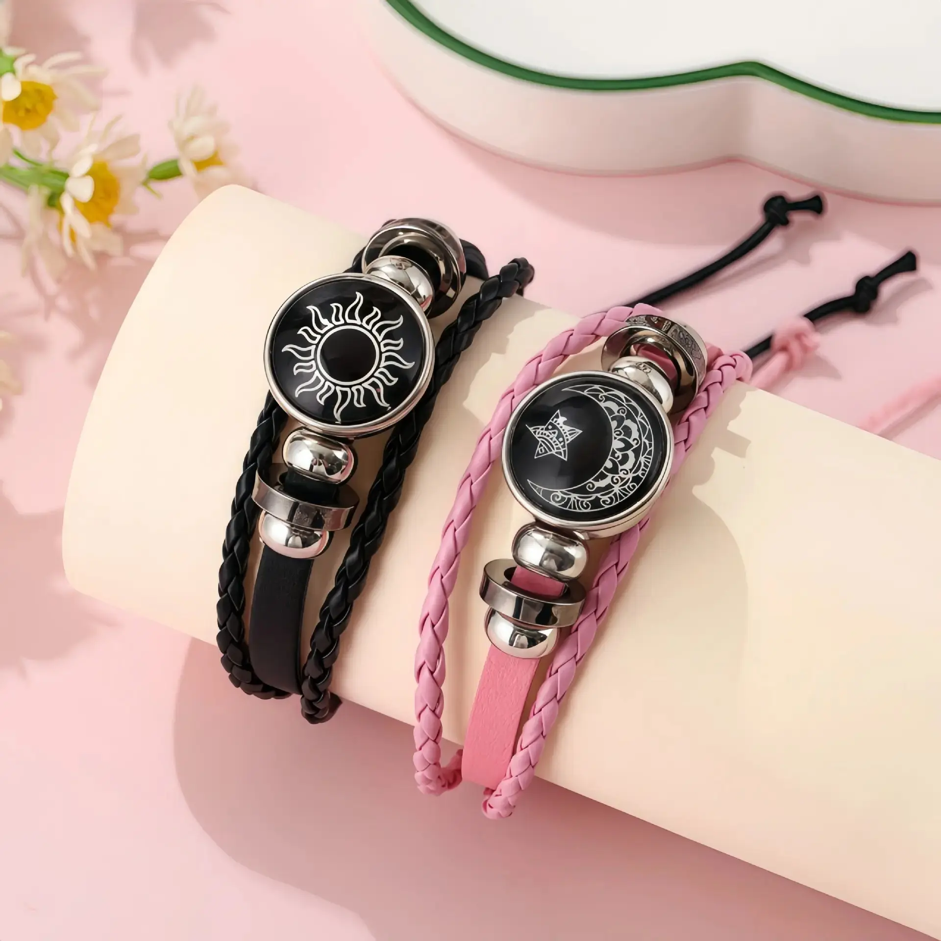 Sun Moon Couple Bracelet - Multi-Layer Hand-Woven Leather Chain with Time-Inlaid Gems, Matching BF and GF Jewelry, Women's Gifts, Men's Accessories, Accessories for Women Holiday Wrist Jewelry