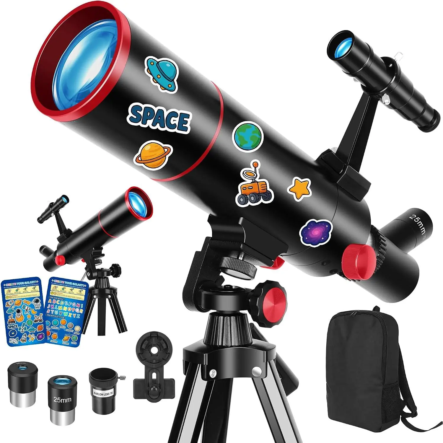 Beginners' Refractor Stargazing Telescope, 80mm Aperture 500mm Focal Length, 20X-150X Optical View, Portable with Tripod, Phone Adapter, Backpack & Stickers (Black) for Kids