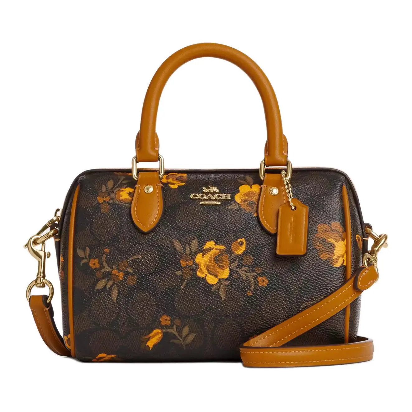 COACH Rowan 18 Floral Print Bowling Bag for Women – Coated Canvas, Walnut Color