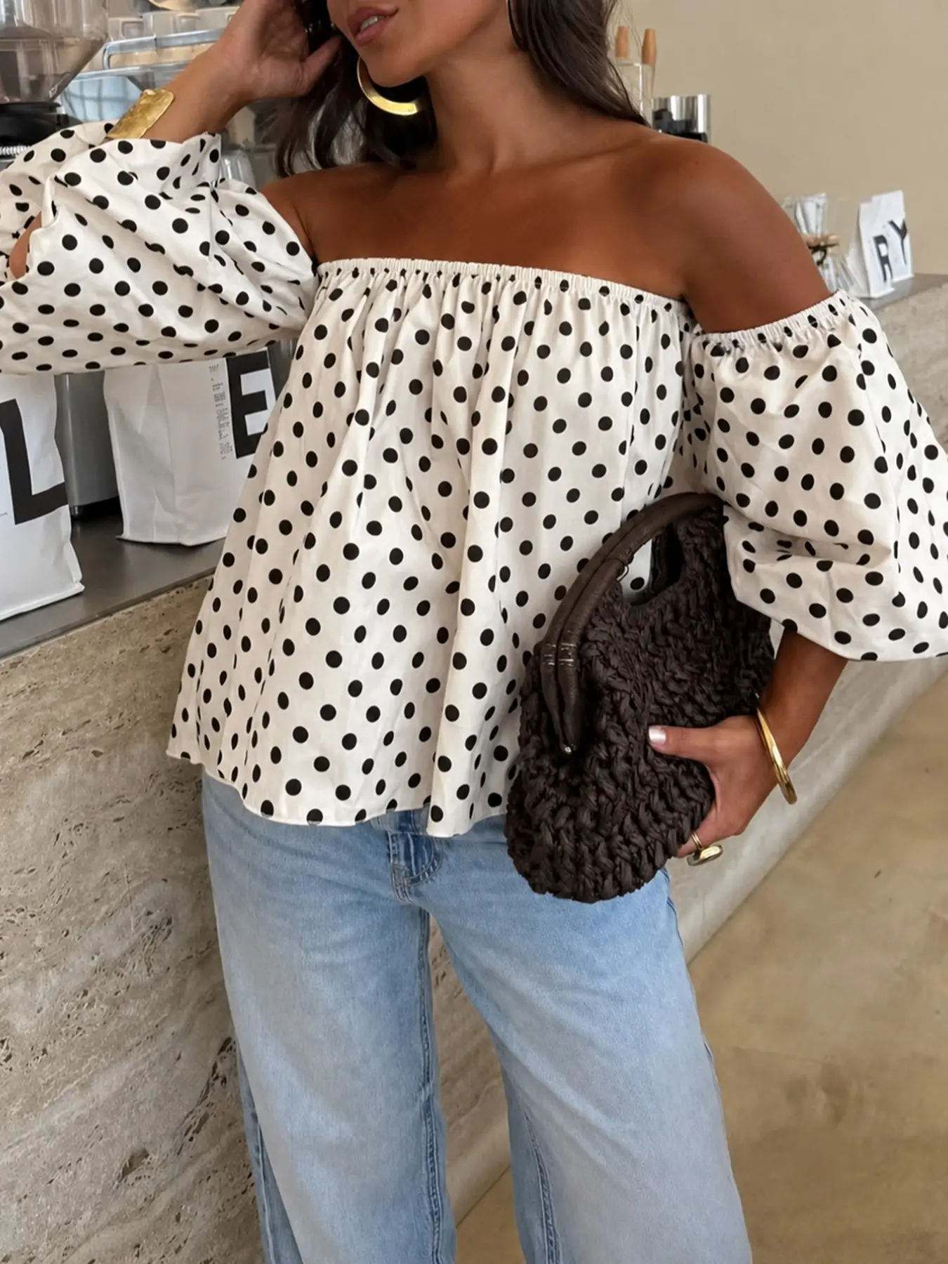 European Style Polka Dot Print Off-Shoulder Bubble Sleeve Crop Top, Loose Fit Summer Casual Blouse