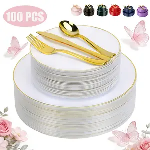 100-piece set of premium gold-rimmed disposable plastic tableware, available in various colors, includes 20 dinner plates, 20 dessert plates, 20 knives, 20 forks, and 20 spoons, making it an ideal choice for weddings, birthdays, parties, and holiday gathe
