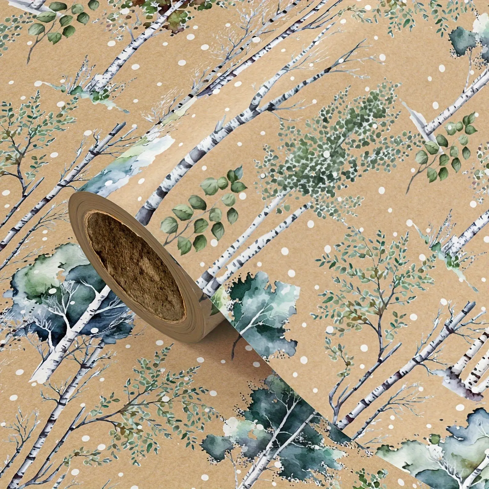 1 Roll Kraft Birch Tree Gift Wrapping Paper, Watercolor Winter Birch Tree & Snow Print Gift Wrap Roll for Christmas Holiday, Party, DIY Craft Decor, Gift Wrapping Supplies, 43.2cm x 500cm