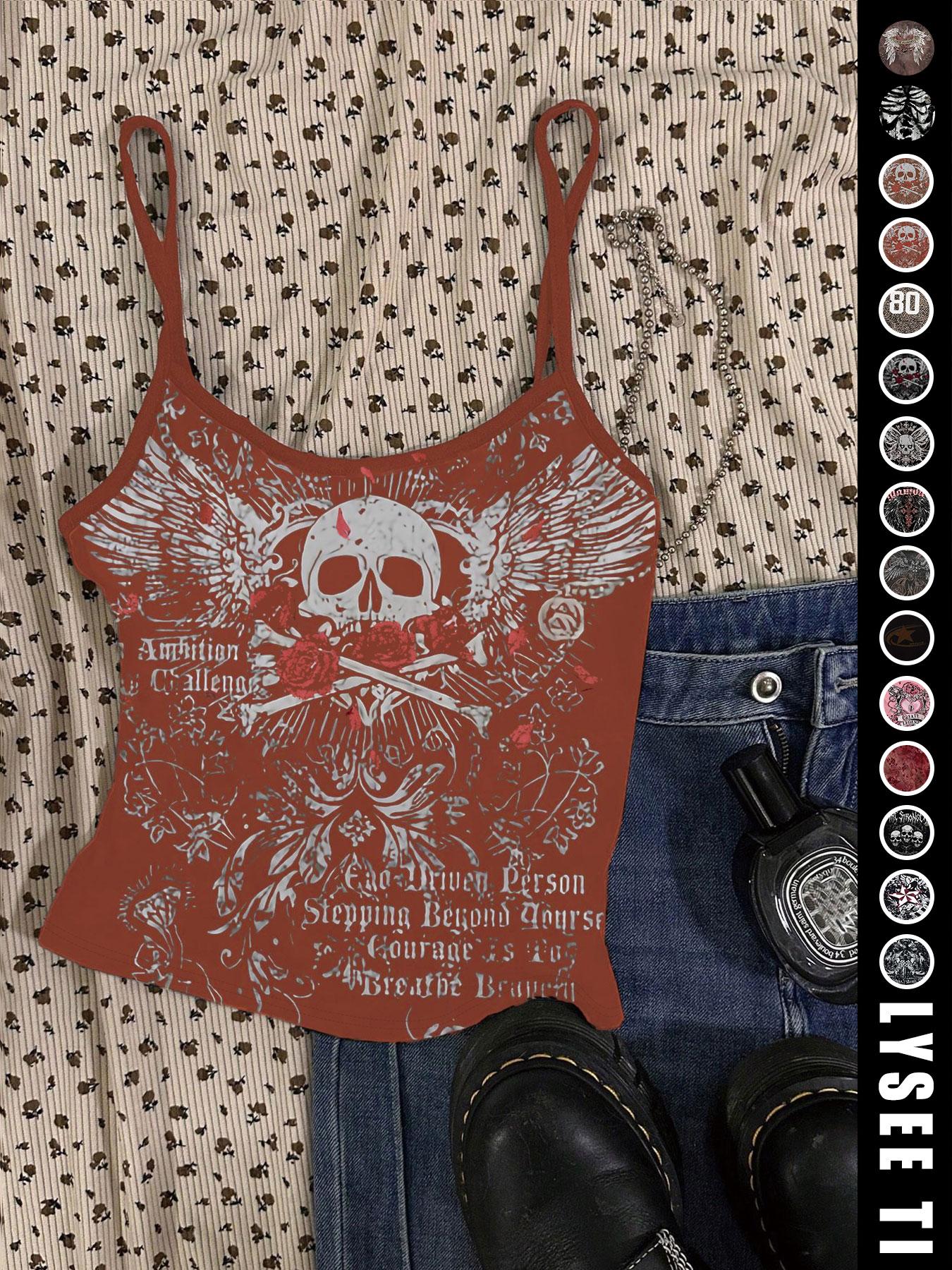 Vintage American Casual Slim-Fitting Skull Eagle Print Crop Top for Valentine's Day and Music Festival, Trendy Summer Vest for Women