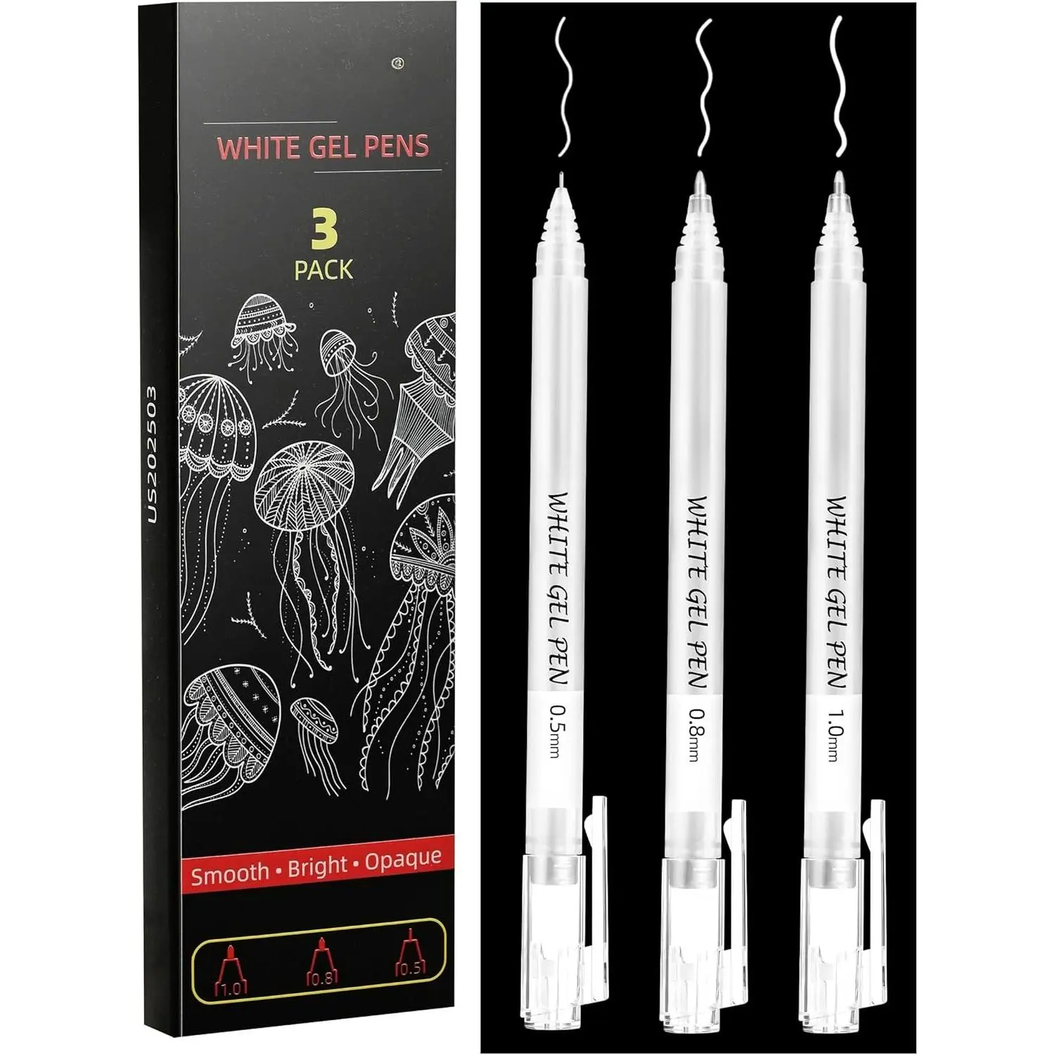 3 Pack White Gel Pens for Black Paper, Drawing, Highlighting, Journaling & Crafting - 1.0mm, 0.8mm, 0.5mm Fine Tip White Ink Pens, Smooth Flow, ,