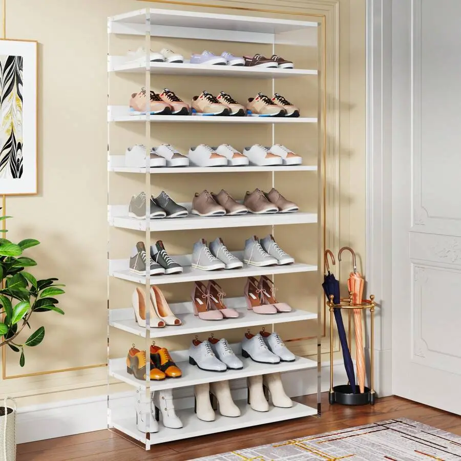 White & Transparent 8-Tier Acrylic Household Shoe Rack with Wood Shelves, 31.5" L x 11.8" W x 63" Durable Shoe Organizer, 24-32 Pairs Capacity, Daily Space-Saving Display Shelf, Assembly Required