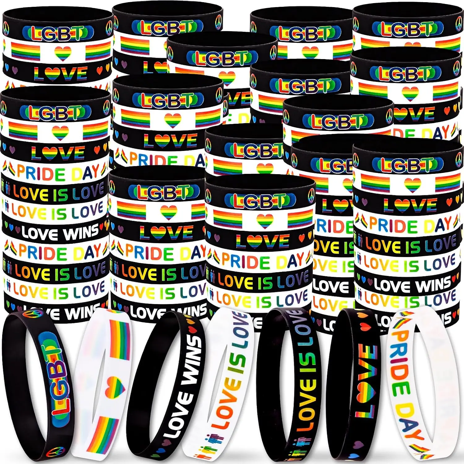 100 count Pride Month Wristbands Bulk: Rainbow  Rubber Gay Bracelets Accessories for LGBT Parade, Party Favors, Decorations Giveaways