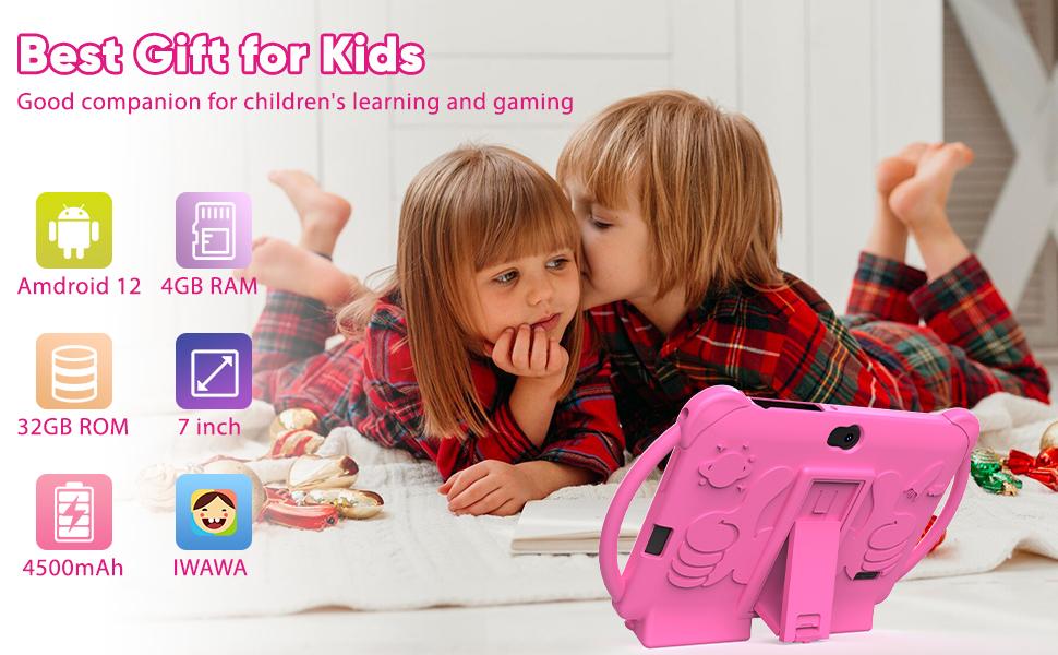 Tablet 7 inch Android 12, 4GB RAM 32GB ROM, 512GB Expandsion, with Parental Control, WiFi, Bluetooth, Dual Camera with Silicone Case, 1PCS(Pink)