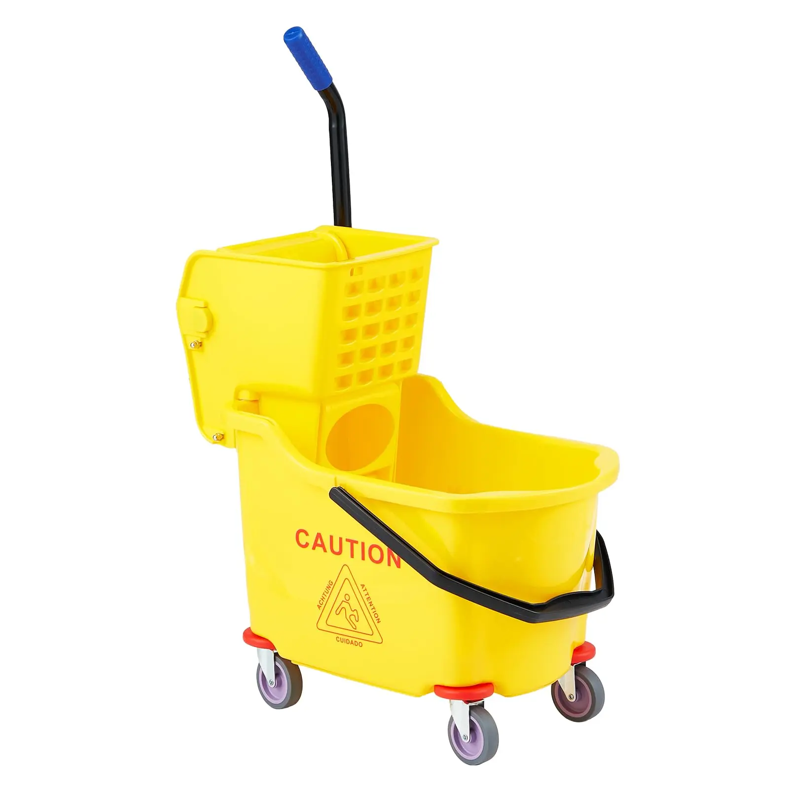 32L Commercial Single-Bucket Floor Cleaning Solution with Side Press Wringer, Steel-Reinforced PP Industrial Janitor Cart Replacement, Heavy Duty with 4 Swivel Wheels, Yellow