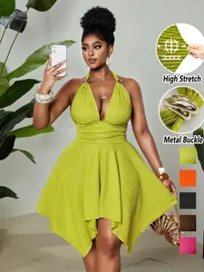 Women's Olive Green Summer Girlism Night Out Club Elegant Jacquard Knit High Stretch Halter Neck Dress,Metal Decor Buckle,Asymmetric Hem Backless