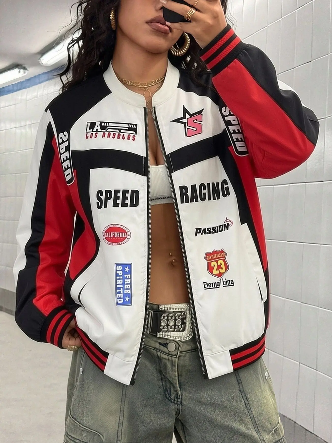 Racing Jacket Women Y2K Racingcore Red White Black Colorblock Zip Up Coat for Women Streetwear Daily Wear