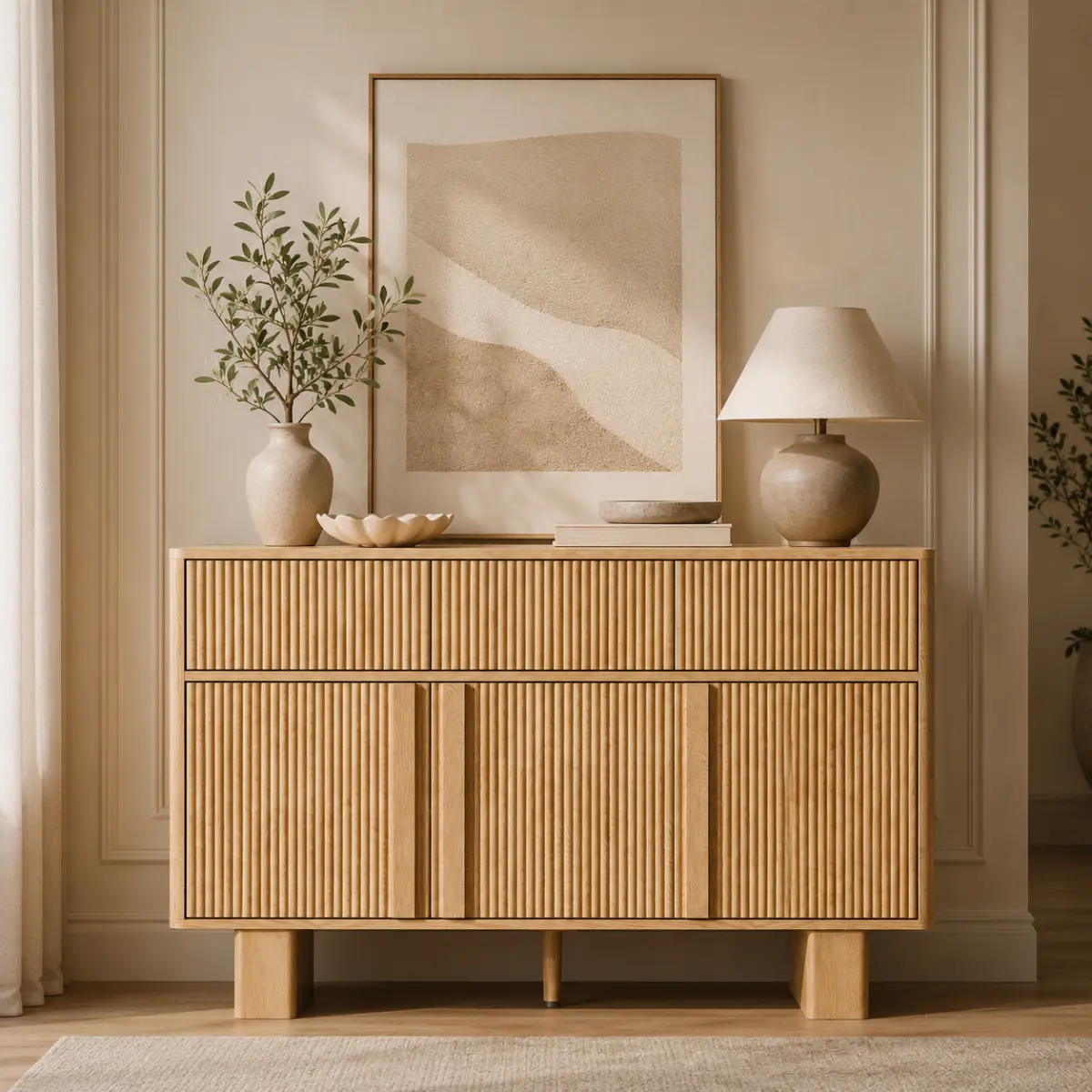Aobtkel 47" Wide Modern Curved Edge Single Unit Fluted Sideboard Buffet Cabinet, Engineered Wood Faux Marble Top, Reinforced Legs, Ample Storage for Dining Room, Living Room