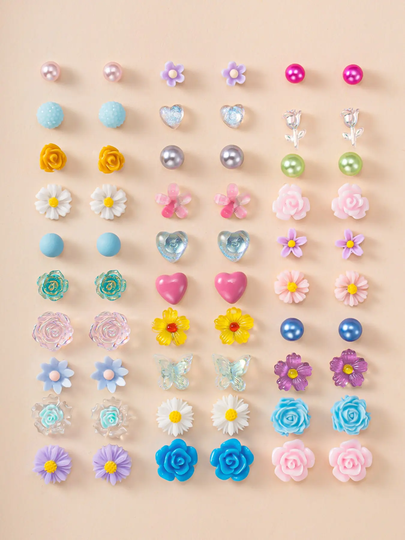 30 Pairs Fashionable Simple Colorful Large Set Earrings, Floral Daisy Round Heart Studs, Beach Party Unique Women's Ear Jewelry